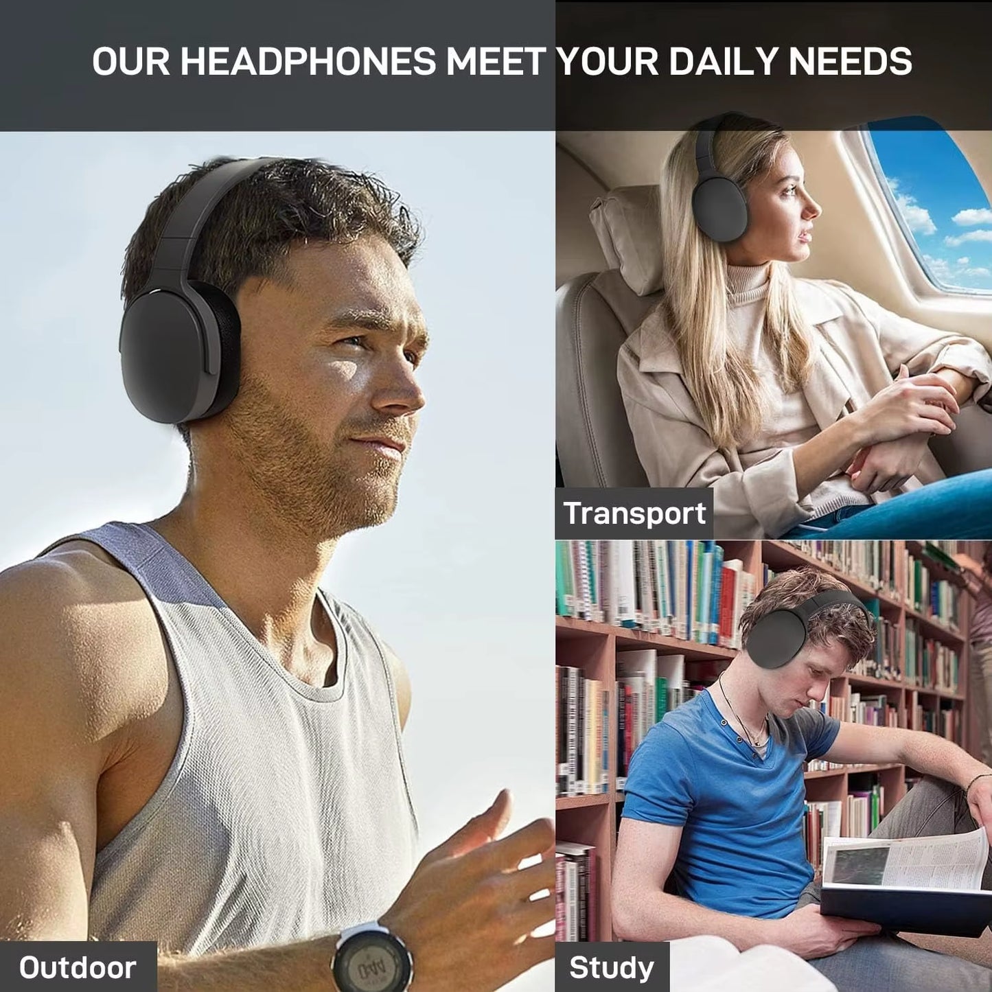 Wireless Bluetooth5.3 Headphones over Ear Hifi Stereo Headset True Sports with Earphones TF/AUX Music Player with HD Mic